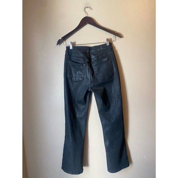 7 For All Mankind Wax Coated High Waist Slim Kick Flare Faux Leather in Black - Picture 8 of 14